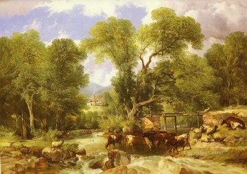  Cattle Art Painting - A Wooded Ford farm animals cattle Thomas Sidney Cooper
